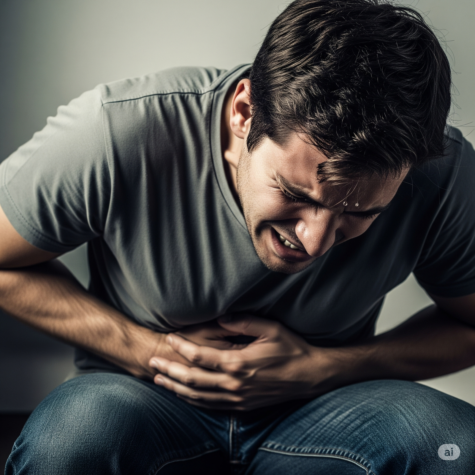Mann mit Unbehagen im Beckenbereich
